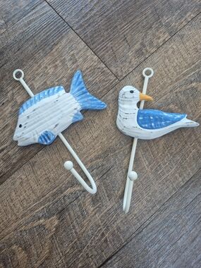 Nautical Blue & White Fish and Seagull Wall Hooks - Set of 2